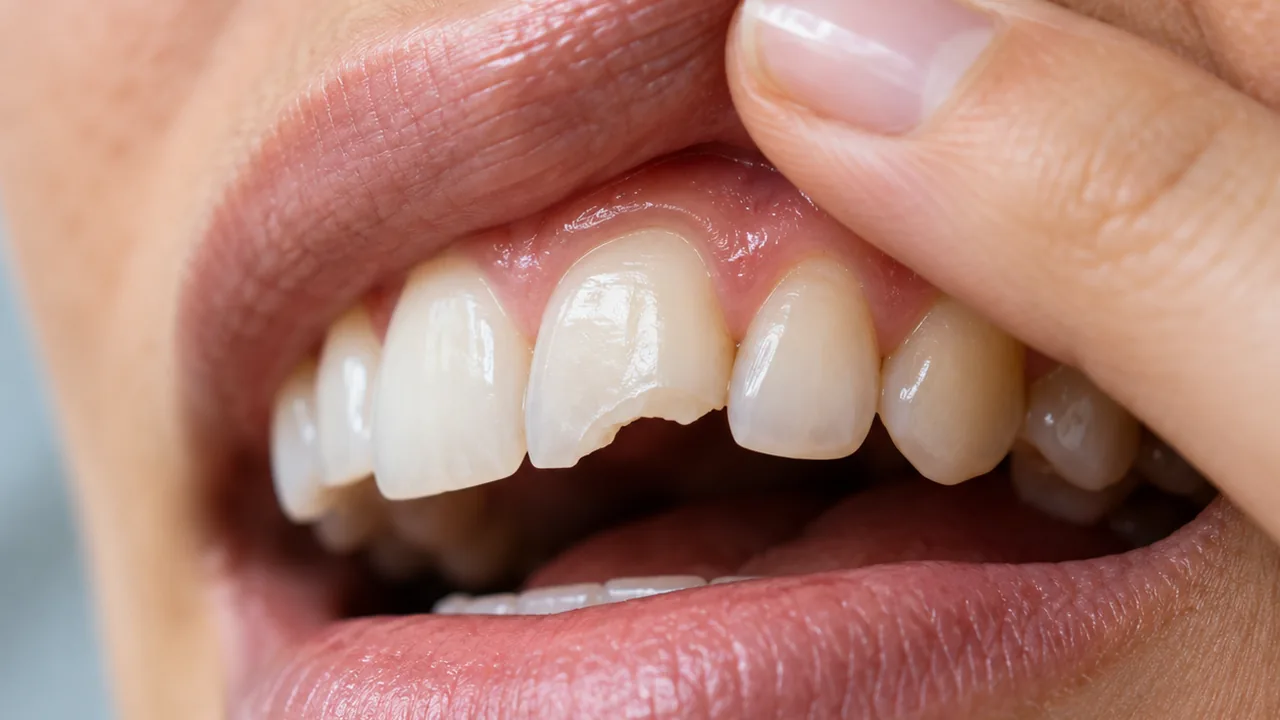Close-up of a smile with a chipped front tooth in natural light