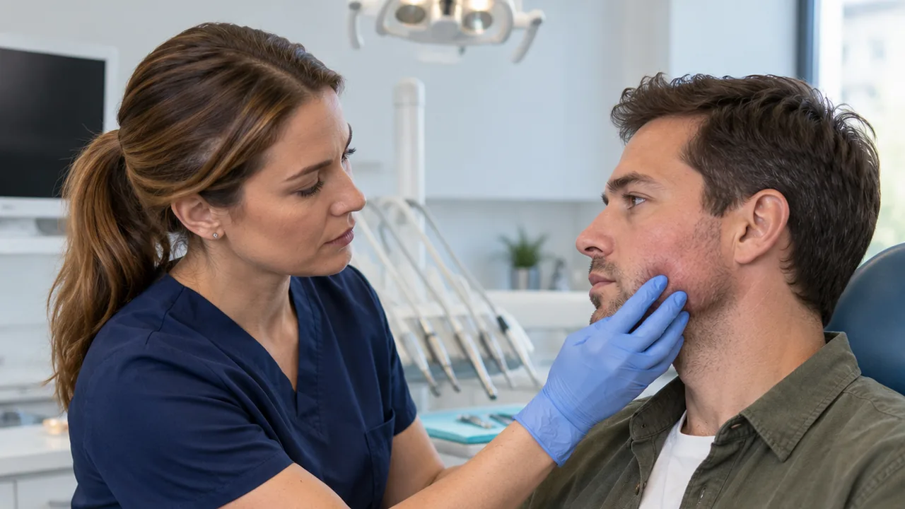 Dentist in navy scrubs gently examining a swollen cheek on a male patient in a dental chair