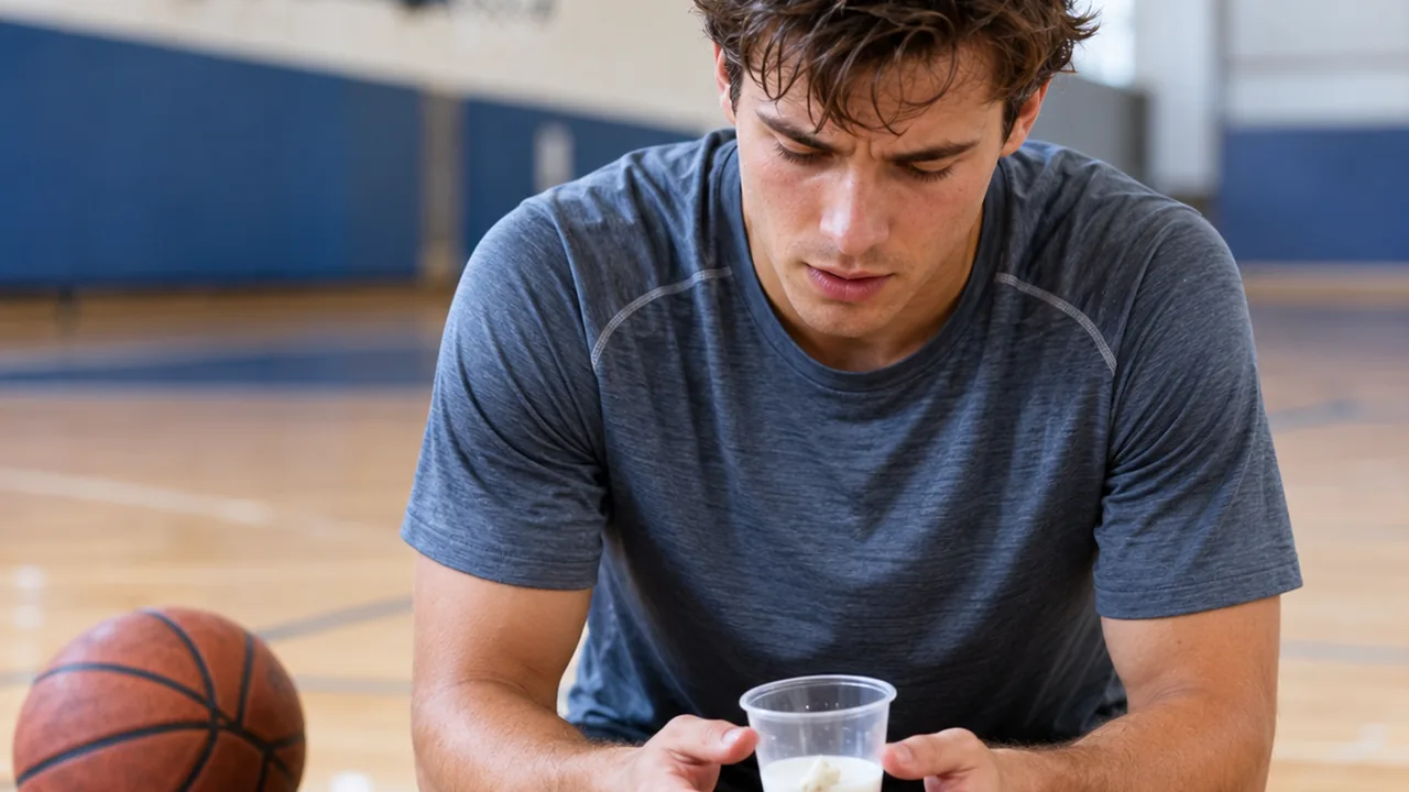 Basketball player on a gym bench holding a knocked-out tooth in a cup of milk