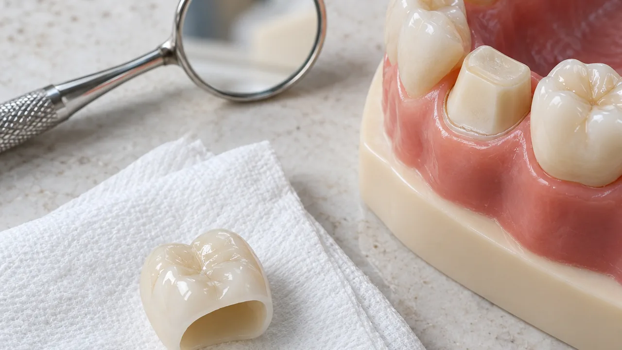 Lost dental crown on a napkin beside a dental mirror and a tooth model
