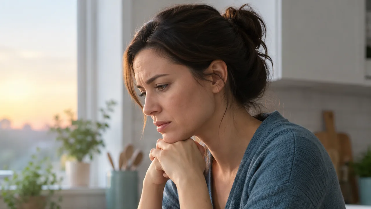 Woman resting her chin on her hands at a kitchen table at dawn, looking worried from a toothache