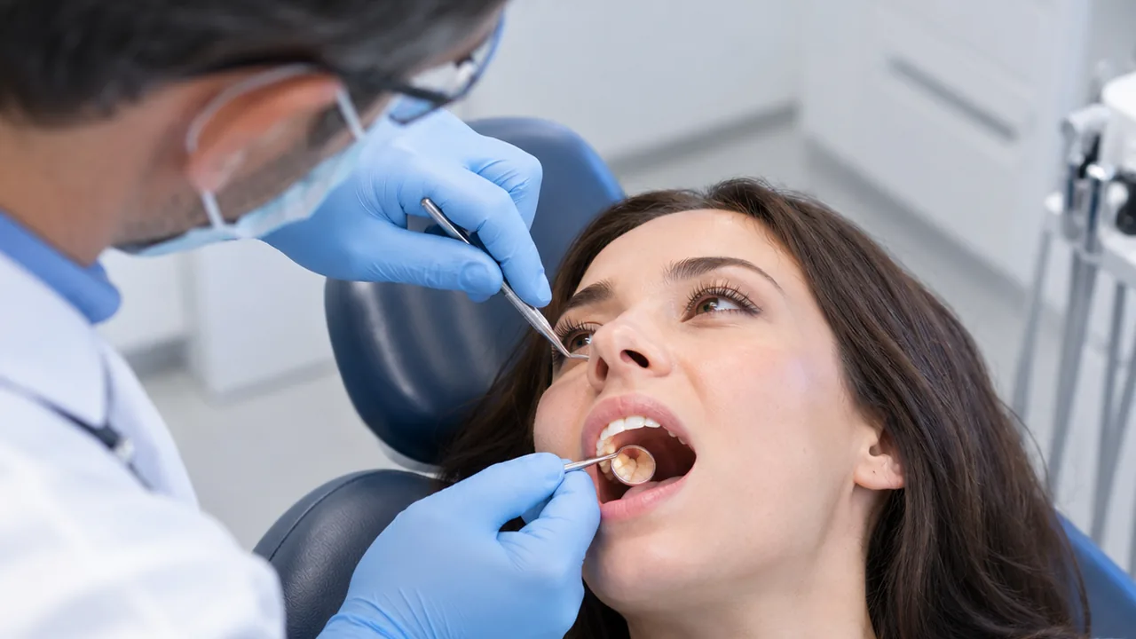 Dentist examining the back teeth of a female patient for wisdom tooth pain