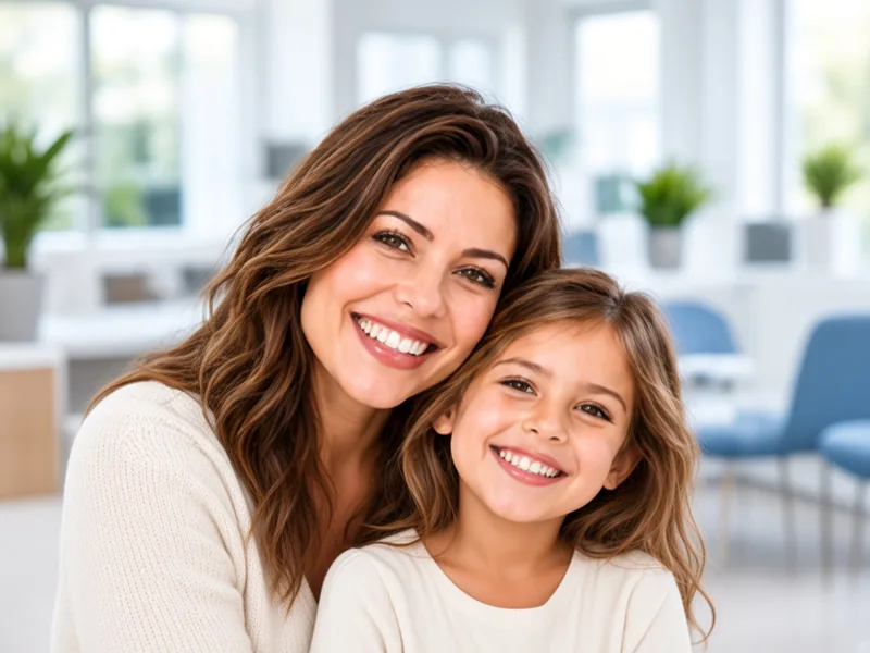Smiling mother and young daughter posing cheek to cheek in a bright dental office