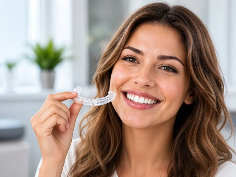 Smiling woman holding a clear aligner tray near her face