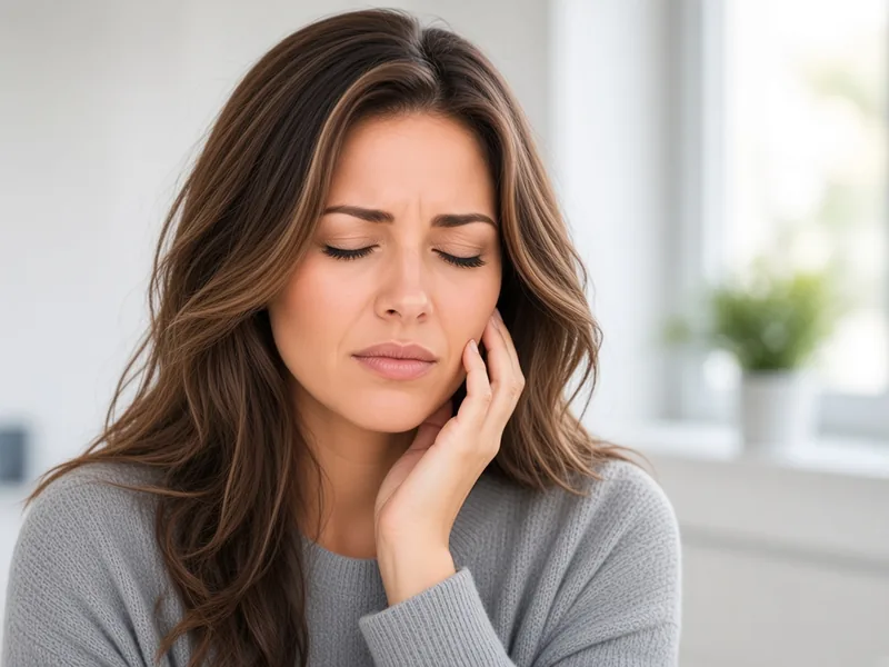 Woman holding her cheek with a pained expression from a toothache